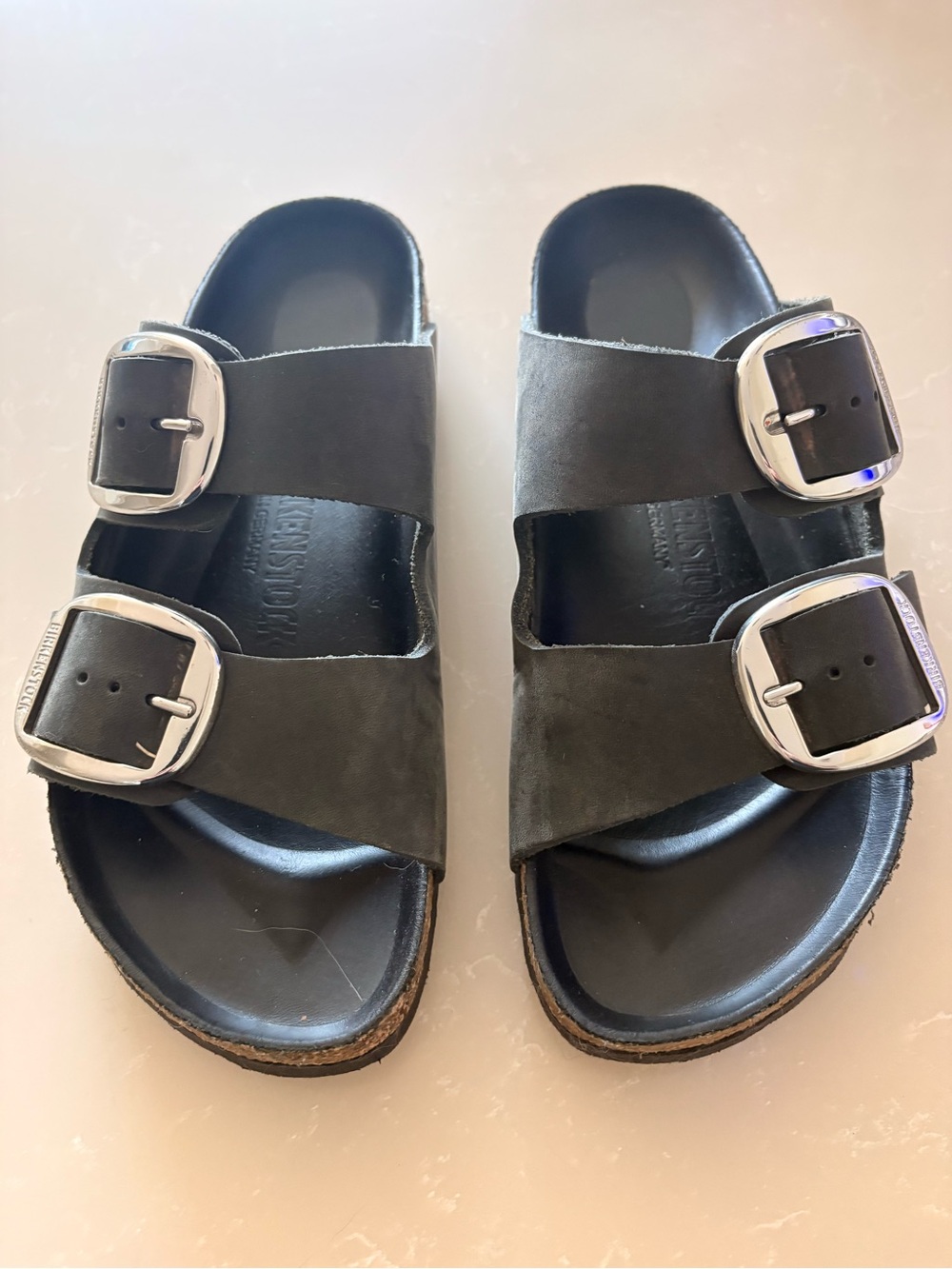 Birkenstock Black Arizona Big Buckle Leather Size 38/7 7 1-2 Narrow/B